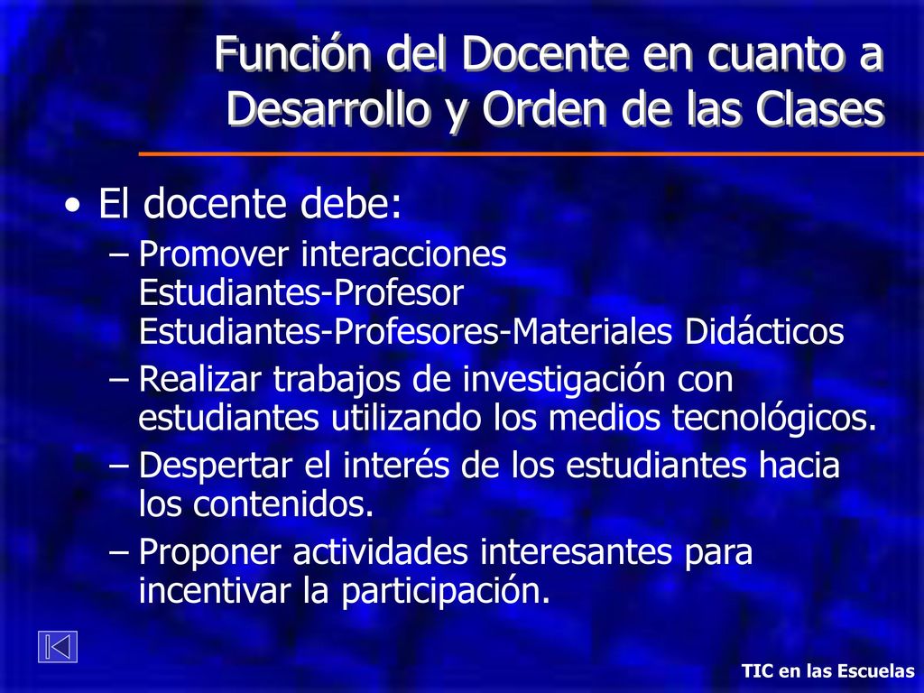 Función del Docente en cuanto a Desarrollo y Orden de las Clases