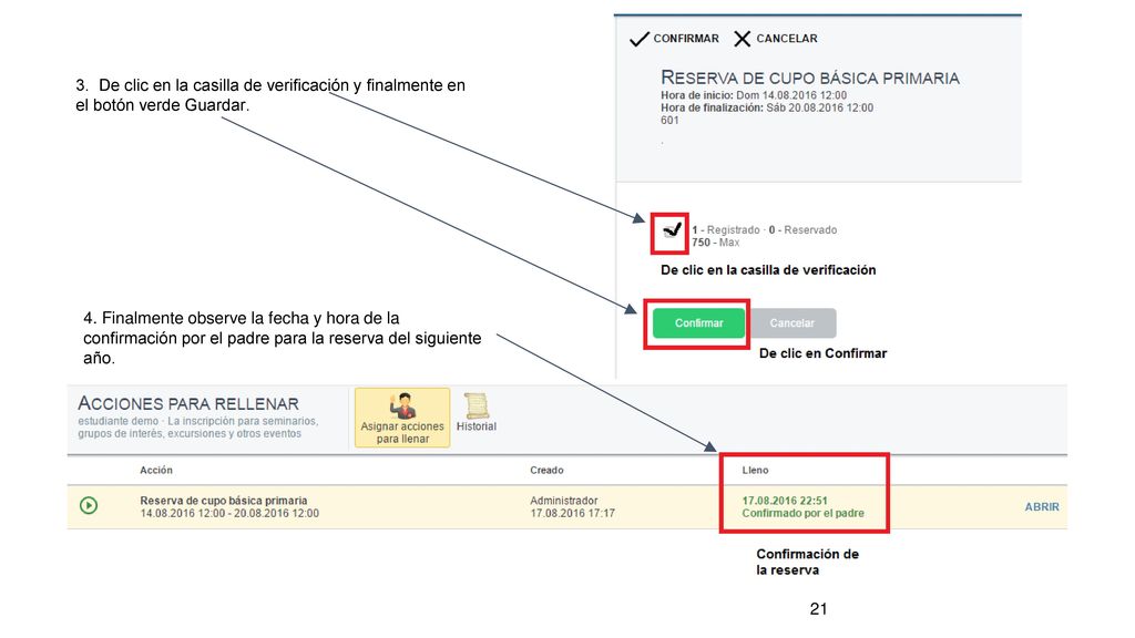 3. De clic en la casilla de verificación y finalmente en el botón verde Guardar.