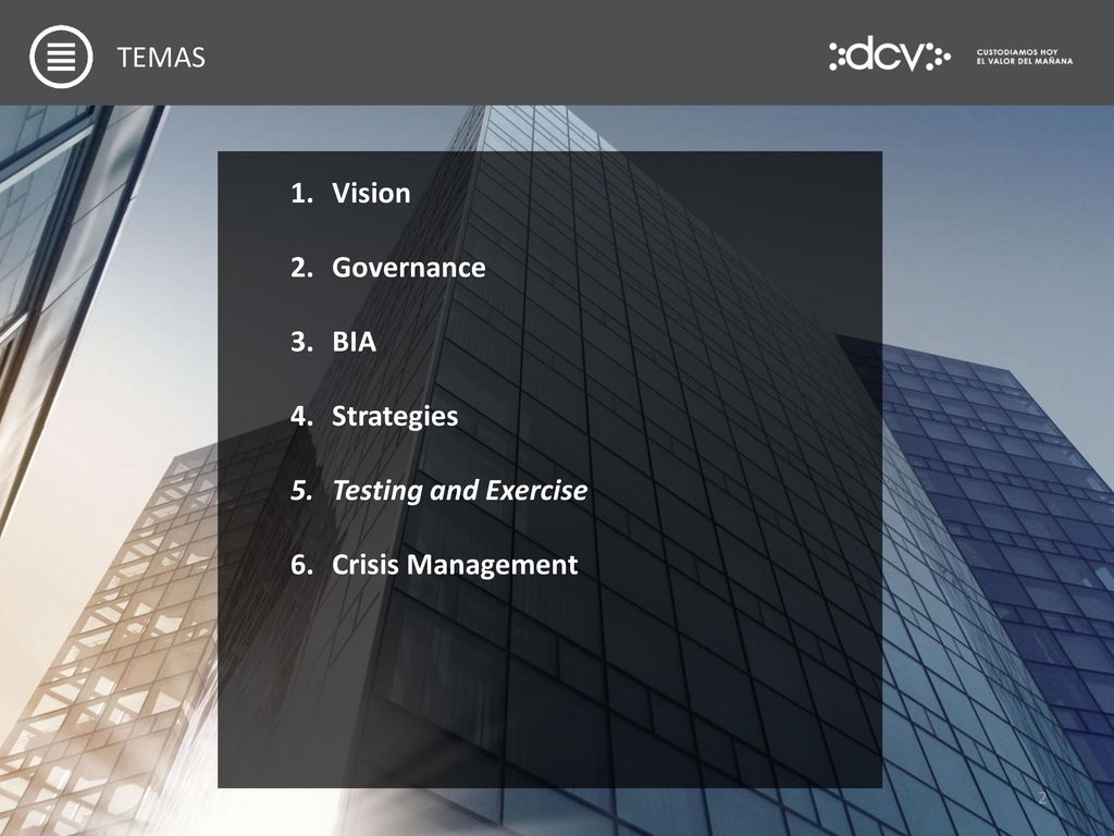 TEMAS Vision Governance BIA Strategies Testing and Exercise Crisis Management