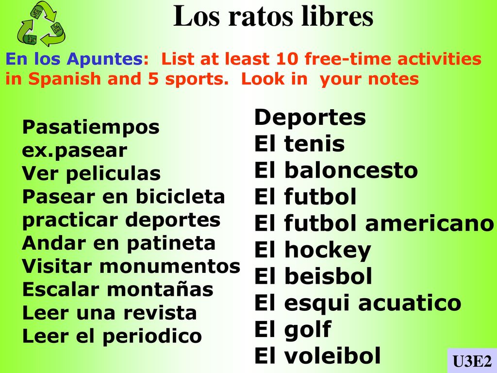 Los ratos libres Deportes El tenis El baloncesto El futbol