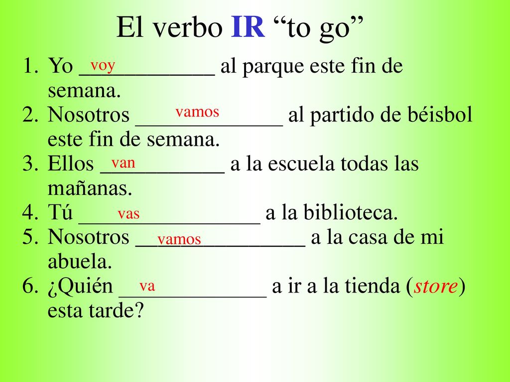 El verbo IR to go Yo ____________ al parque este fin de semana.