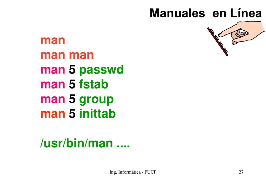 Manuales en Línea man man man man 5 passwd man 5 fstab man 5 group