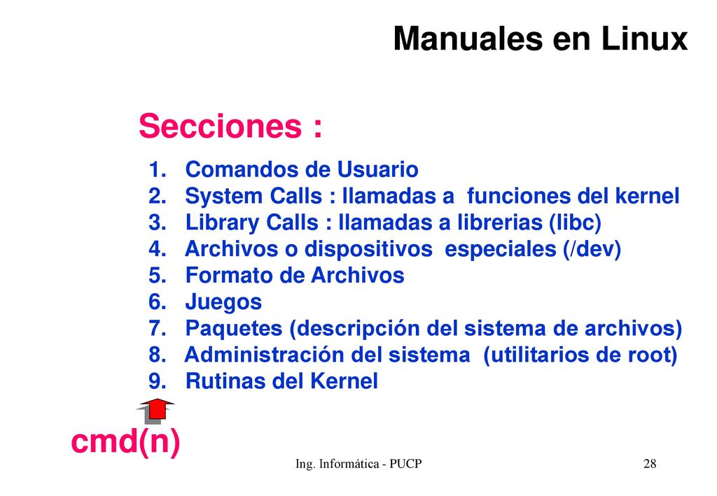 Manuales en Linux Secciones : cmd(n) 1. Comandos de Usuario