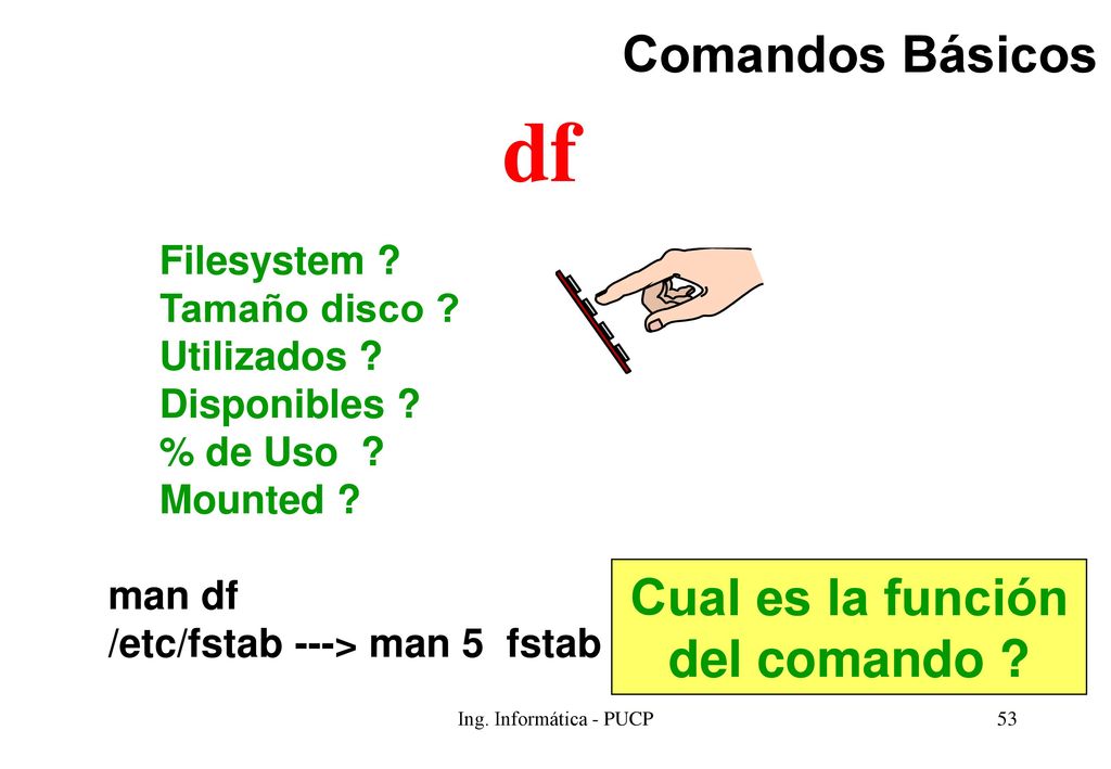 df Comandos Básicos Cual es la función del comando Filesystem