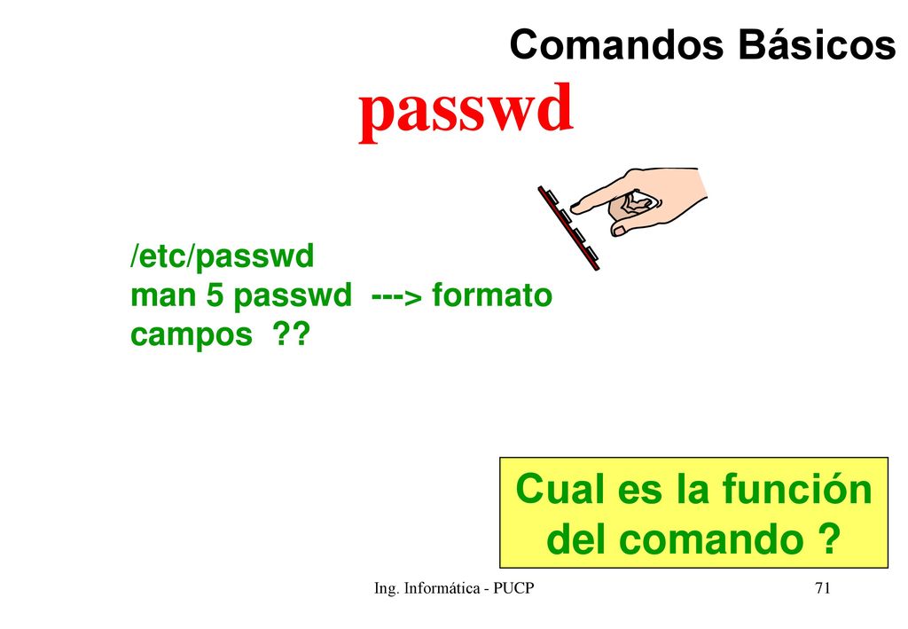 passwd Comandos Básicos Cual es la función del comando /etc/passwd