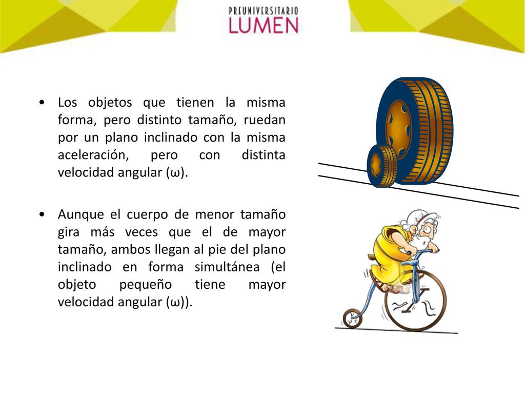 Los objetos que tienen la misma forma, pero distinto tamaño, ruedan por un plano inclinado con la misma aceleración, pero con distinta velocidad angular (ω).