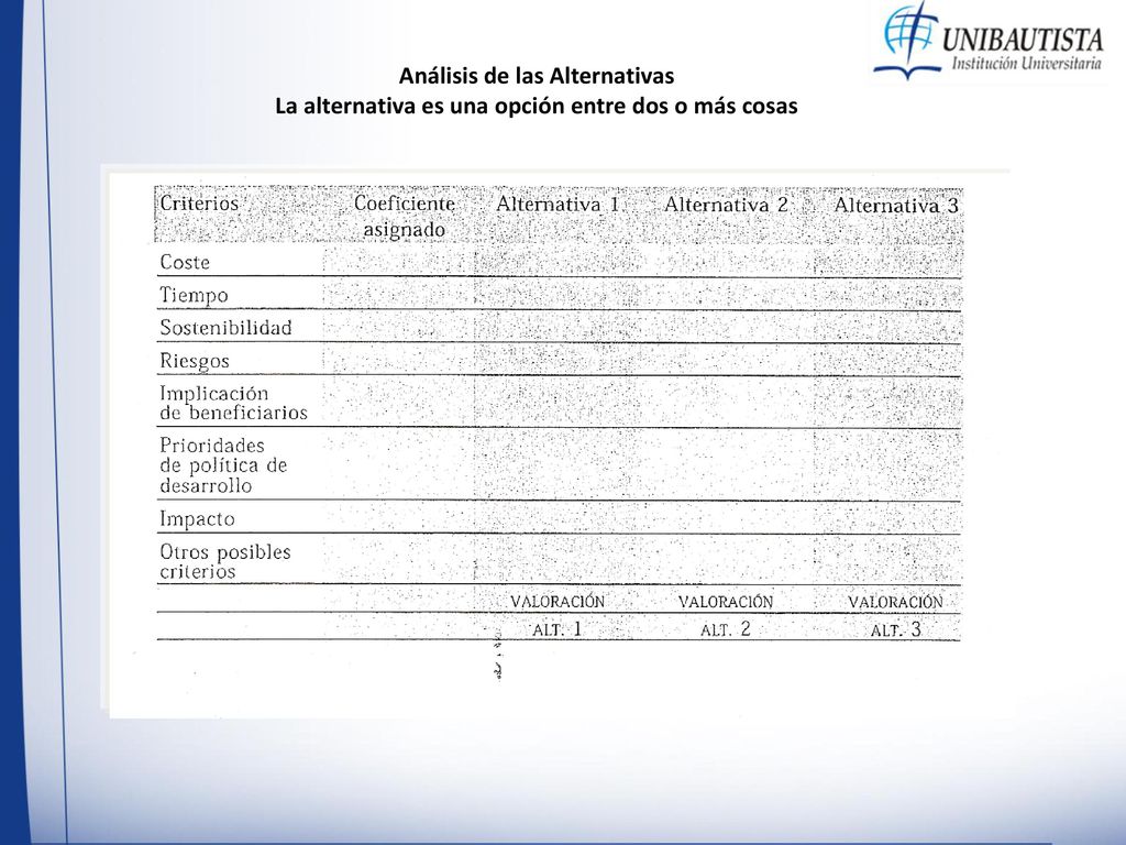 Análisis de las Alternativas La alternativa es una opción entre dos o más cosas