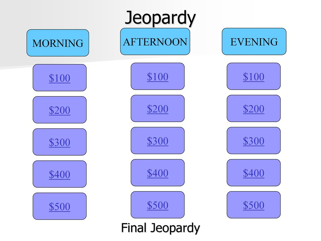 Jeopardy Final Jeopardy MORNING AFTERNOON EVENING $100 $100 $100 $200