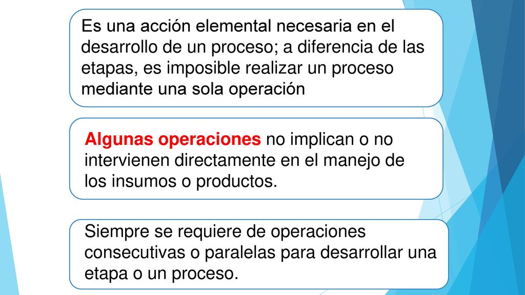Es una acción elemental necesaria en el desarrollo de un proceso; a diferencia de las etapas, es imposible realizar un proceso mediante una sola operación