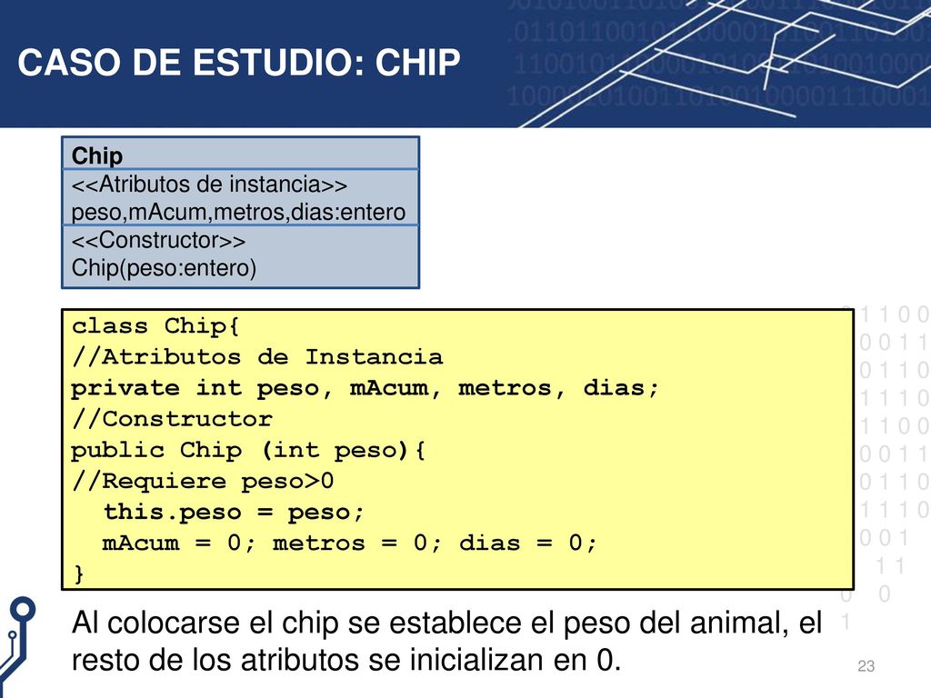 CASO DE ESTUDIO: CHIP Chip. <<Atributos de instancia>> peso,mAcum,metros,dias:entero. <<Constructor>>