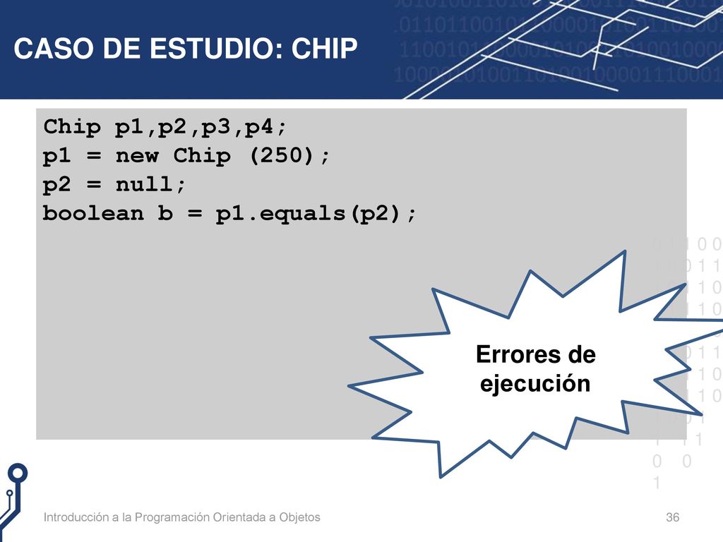CASO DE ESTUDIO: CHIP Chip p1,p2,p3,p4; p1 = new Chip (250); p2 = null; boolean b = p1.equals(p2);