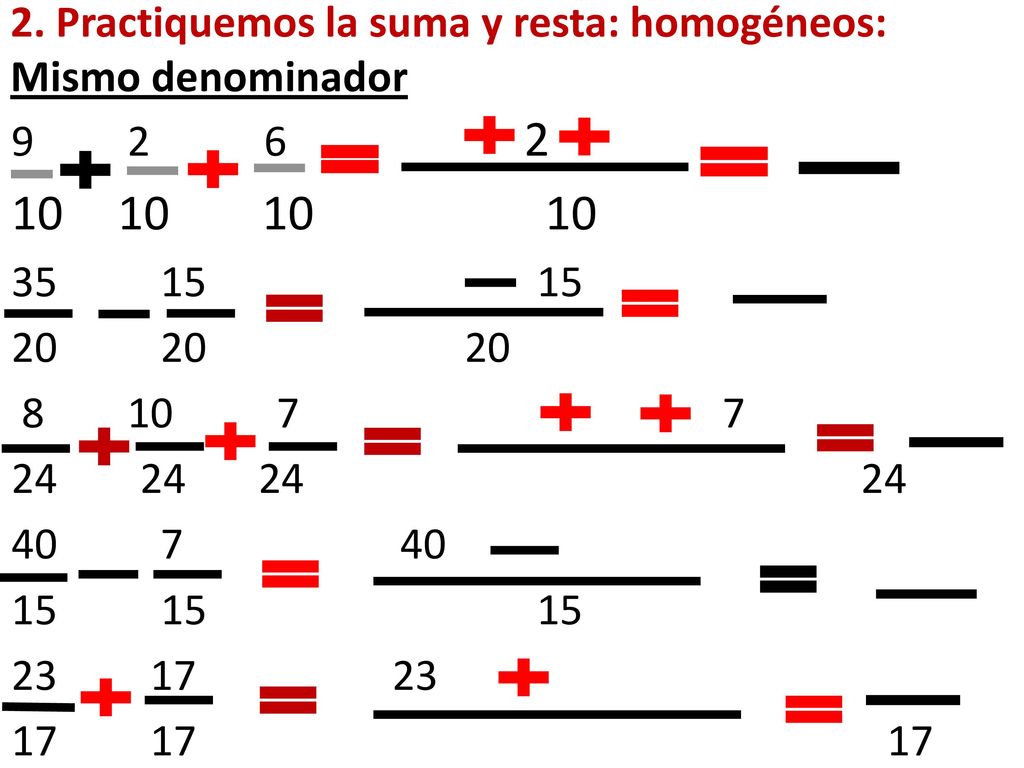 2. Practiquemos la suma y resta: homogéneos: Mismo denominador