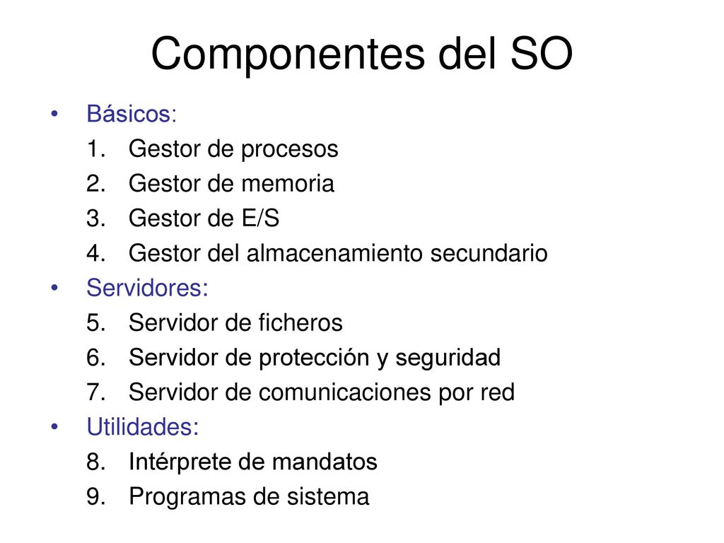 Componentes del SO Básicos: Gestor de procesos Gestor de memoria