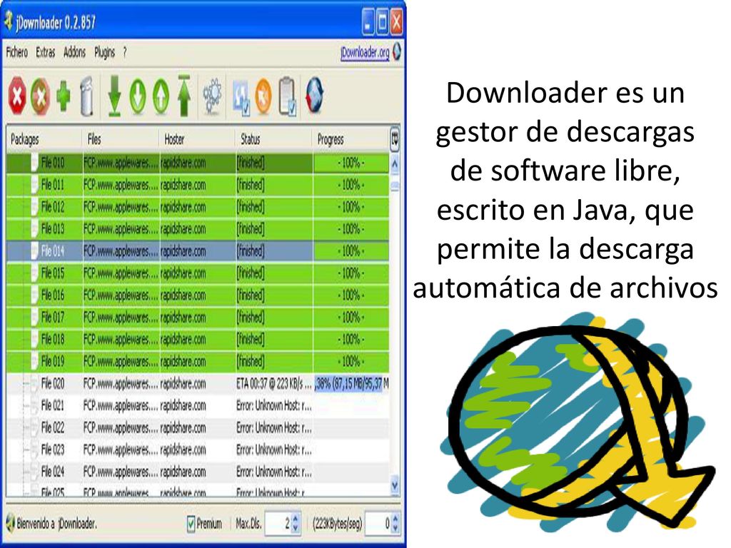 Downloader es un gestor de descargas de software libre, escrito en Java, que permite la descarga automática de archivos