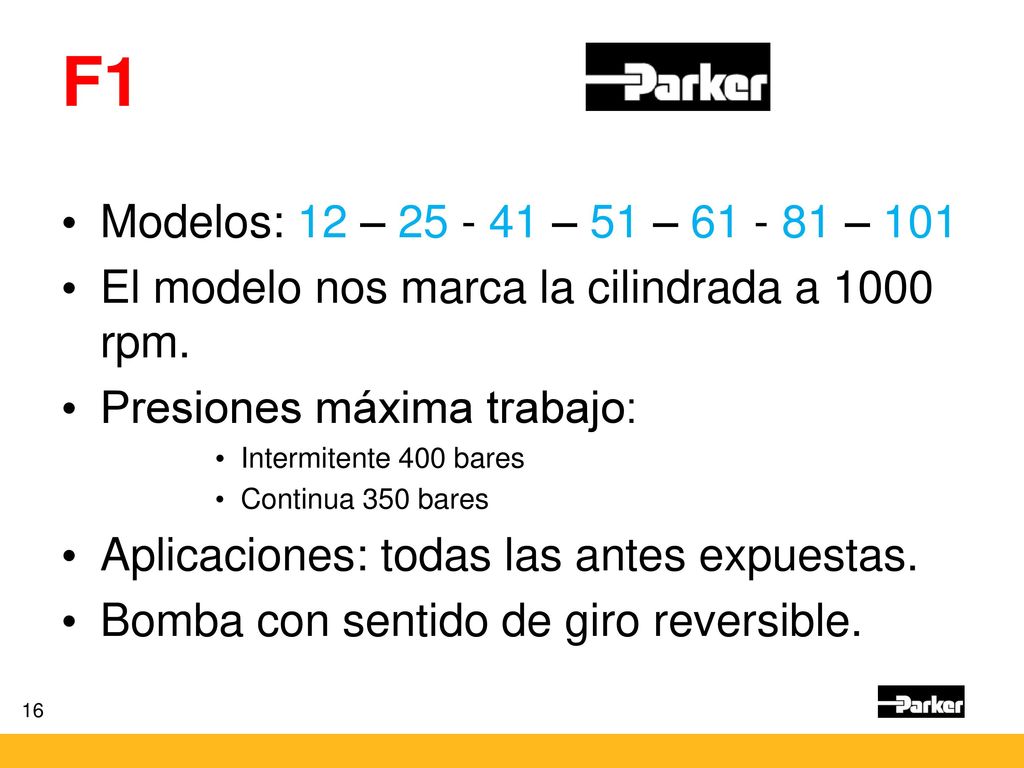F1 Modelos: 12 – – 51 – – 101. El modelo nos marca la cilindrada a 1000 rpm. Presiones máxima trabajo: