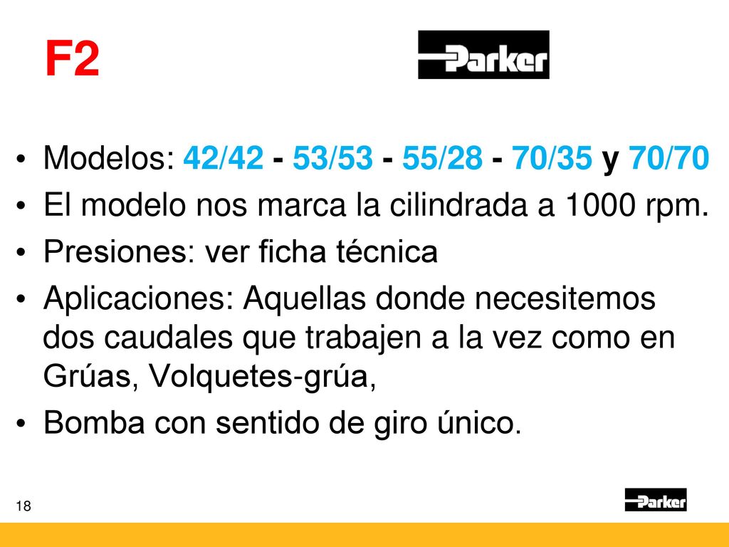 F2 Modelos: 42/ / / /35 y 70/70. El modelo nos marca la cilindrada a 1000 rpm. Presiones: ver ficha técnica.
