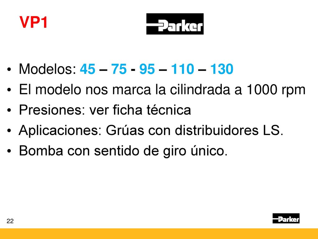 VP1 Modelos: 45 – – 110 – 130. El modelo nos marca la cilindrada a 1000 rpm. Presiones: ver ficha técnica.