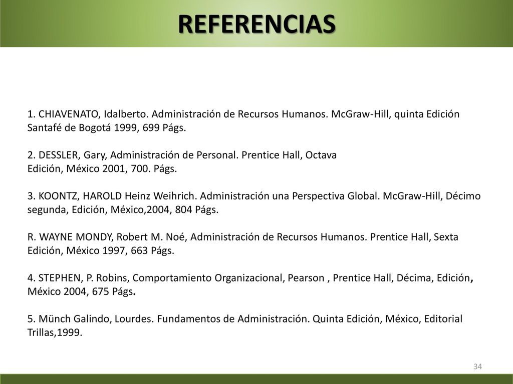 REFERENCIAS 1. CHIAVENATO, Idalberto. Administración de Recursos Humanos. McGraw-Hill, quinta Edición Santafé de Bogotá 1999, 699 Págs.