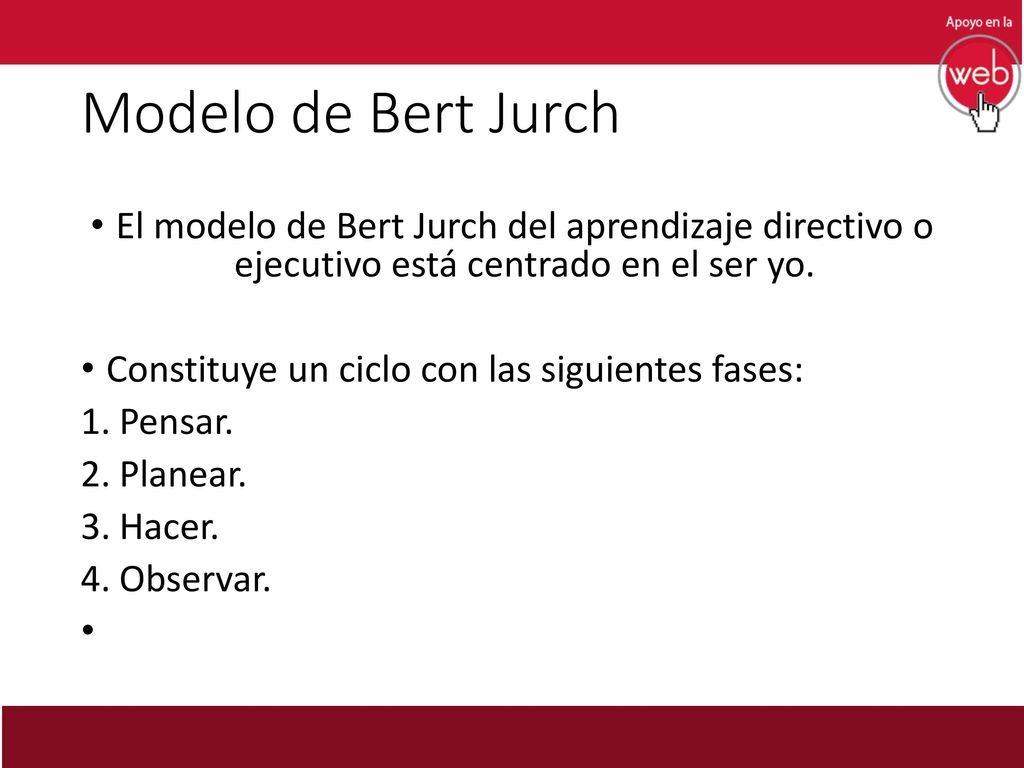 Modelo de Bert Jurch El modelo de Bert Jurch del aprendizaje directivo o ejecutivo está centrado en el ser yo.