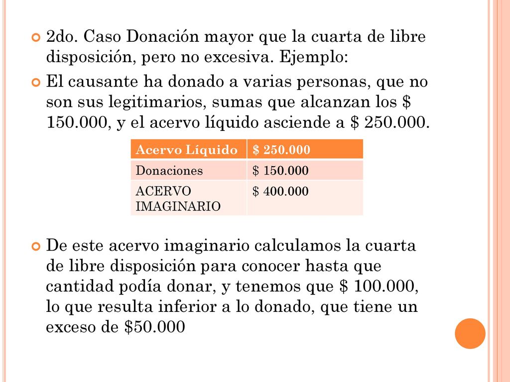 2do. Caso Donación mayor que la cuarta de libre disposición, pero no excesiva. Ejemplo: