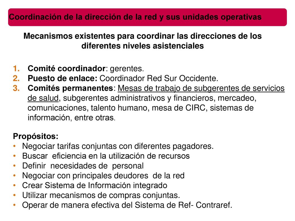 Coordinación de la dirección de la red y sus unidades operativas