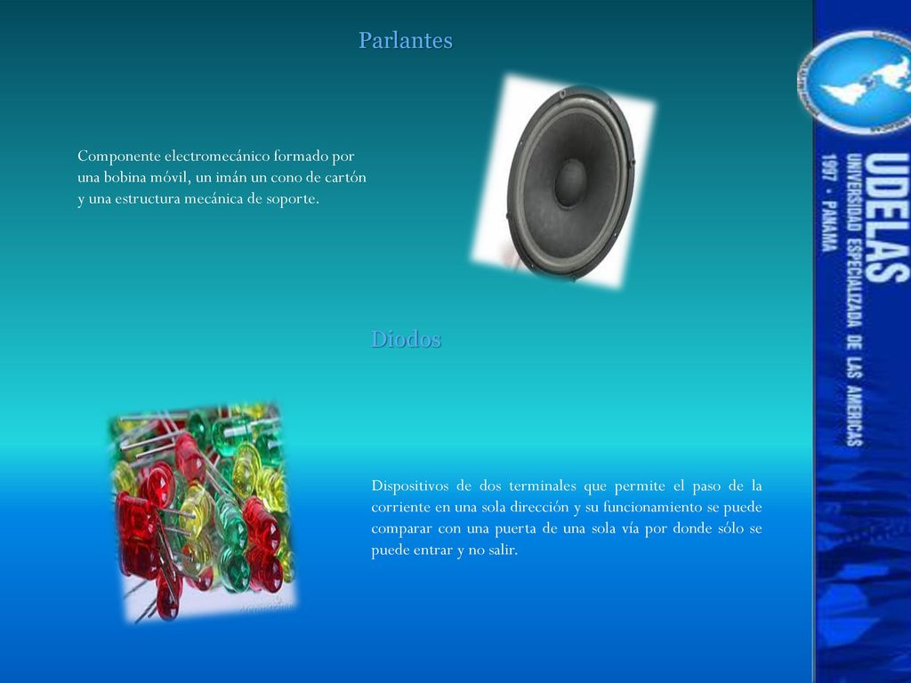 Parlantes Componente electromecánico formado por una bobina móvil, un imán un cono de cartón y una estructura mecánica de soporte.