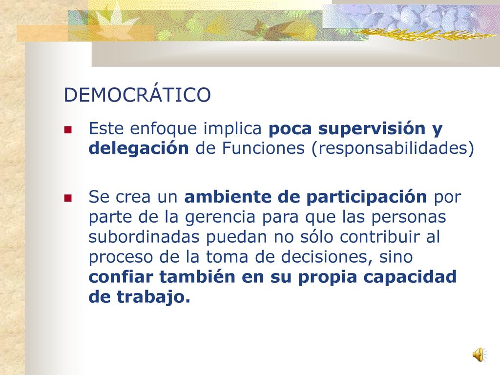 DEMOCRÁTICO Este enfoque implica poca supervisión y delegación de Funciones (responsabilidades)‏