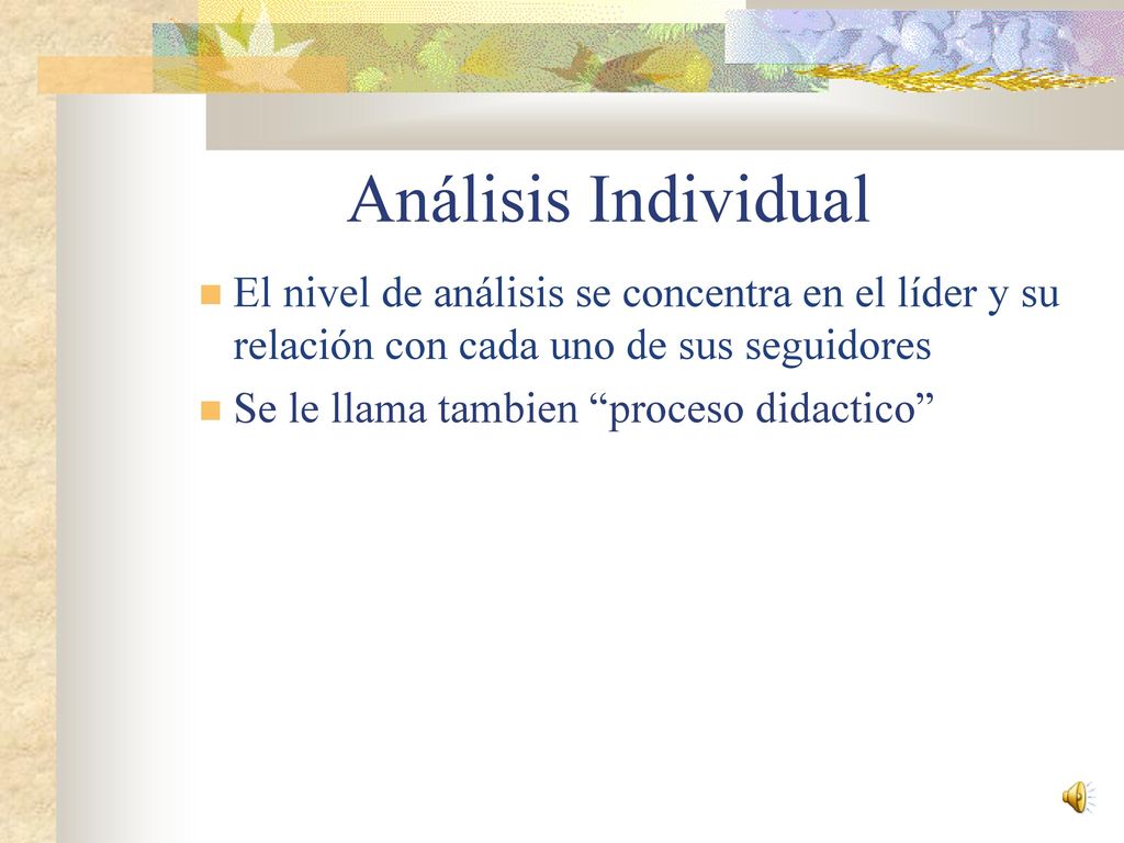 Análisis Individual El nivel de análisis se concentra en el líder y su relación con cada uno de sus seguidores.