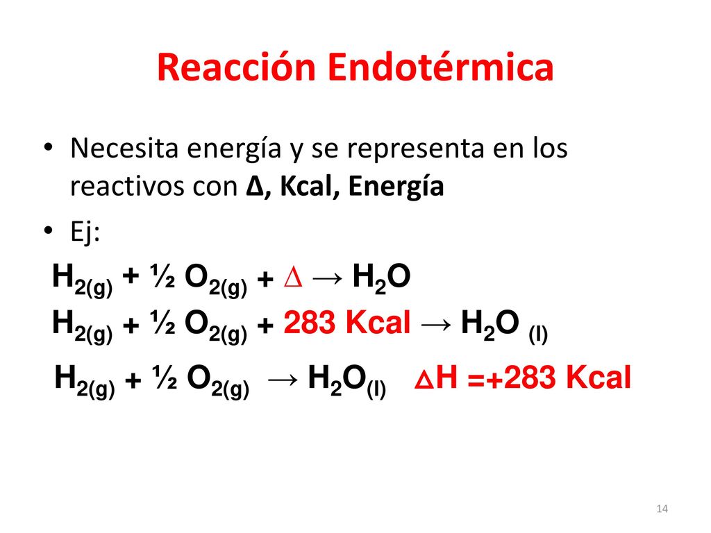 Reacción Endotérmica H2(g) + ½ O2(g) → H2O(l) △H =+283 Kcal