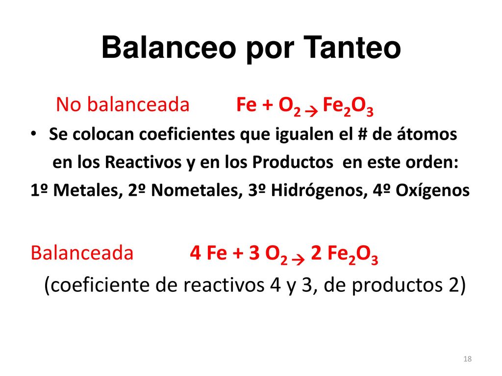 Balanceo por Tanteo No balanceada Fe + O2  Fe2O3