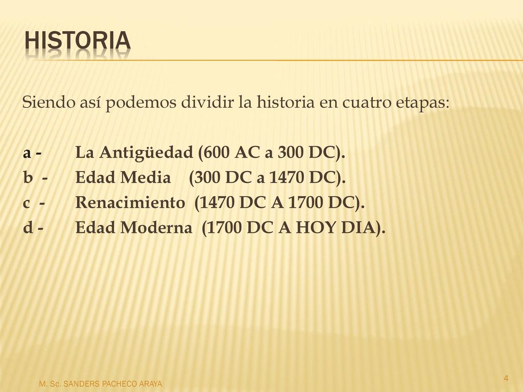HISTORIA Siendo así podemos dividir la historia en cuatro etapas: