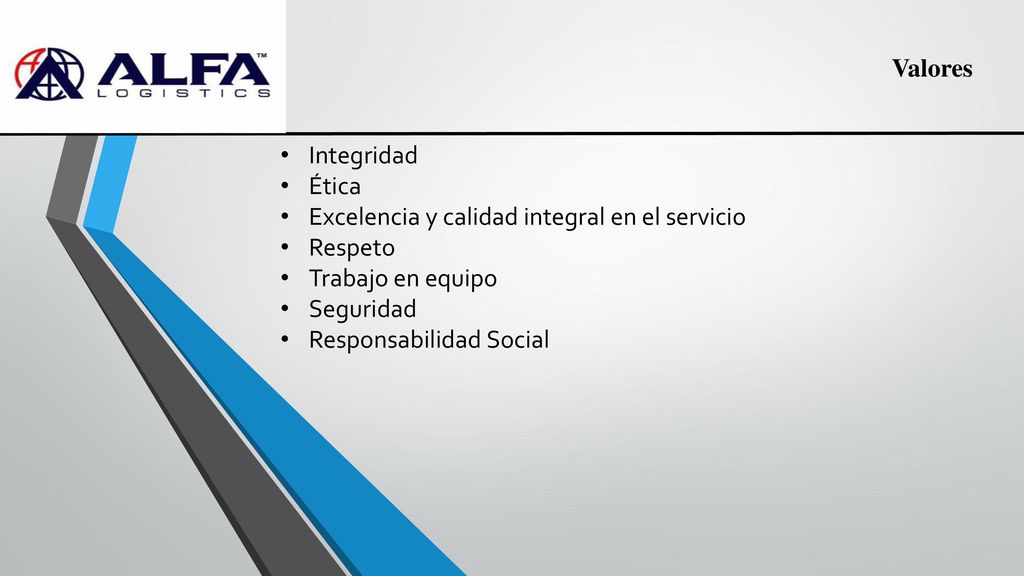 Valores Integridad. Ética. Excelencia y calidad integral en el servicio. Respeto. Trabajo en equipo.