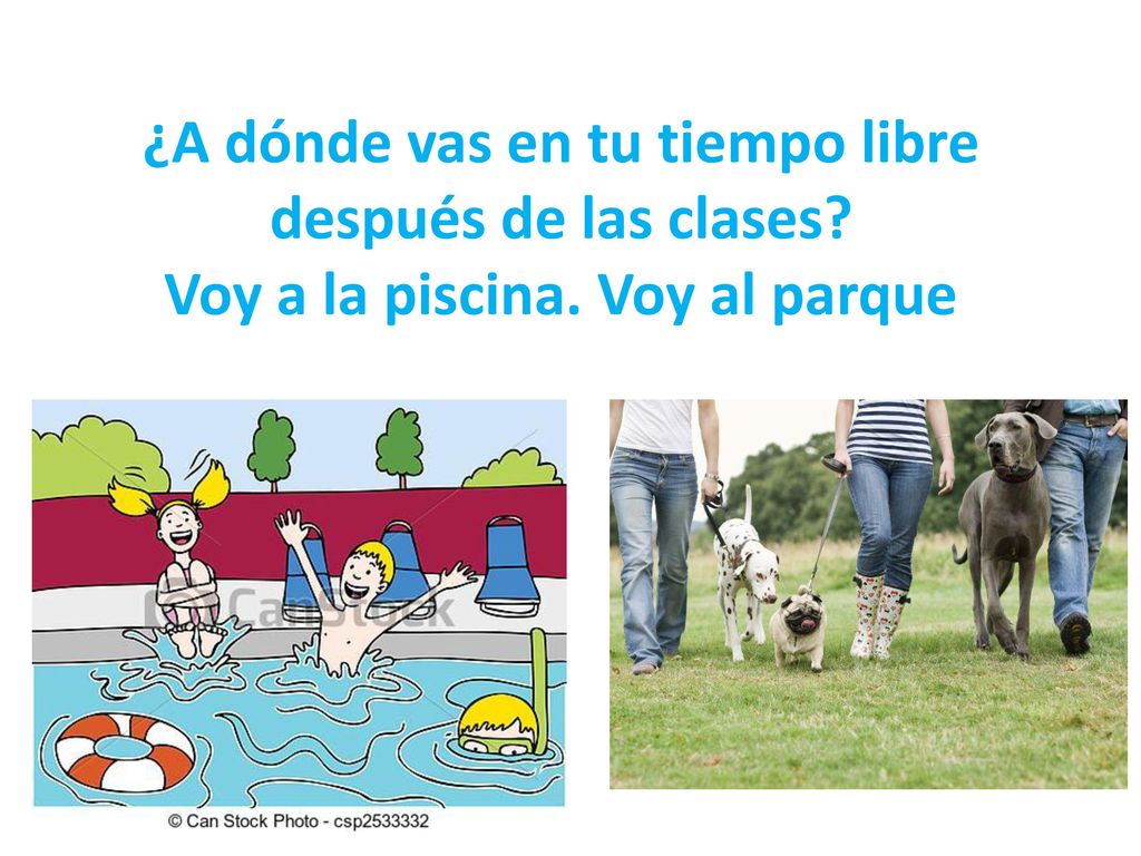¿A dónde vas en tu tiempo libre después de las clases Voy a la piscina. Voy al parque