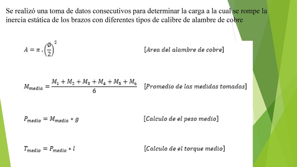 Se realizó una toma de datos consecutivos para determinar la carga a la cual se rompe la inercia estática de los brazos con diferentes tipos de calibre de alambre de cobre