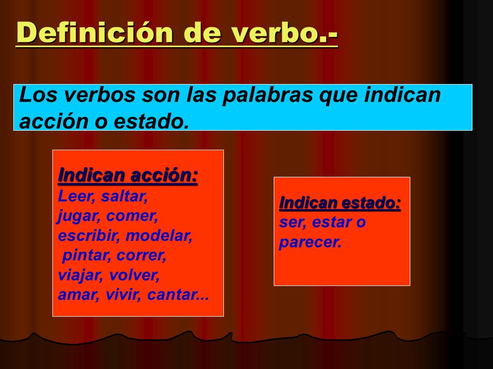 Definición de verbo.- Los verbos son las palabras que indican