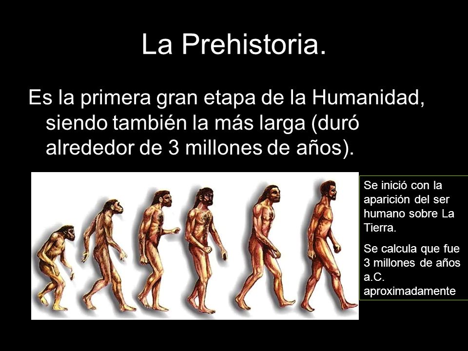 La Prehistoria. Es la primera gran etapa de la Humanidad, siendo también la más larga (duró alrededor de 3 millones de años).