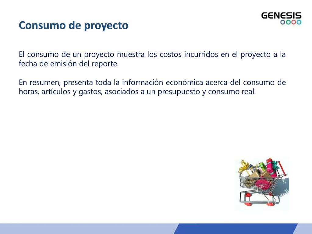 Consumo de proyecto El consumo de un proyecto muestra los costos incurridos en el proyecto a la fecha de emisión del reporte.