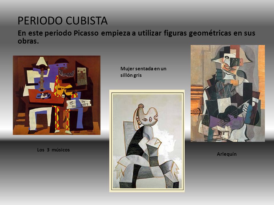 PERIODO CUBISTA En este periodo Picasso empieza a utilizar figuras geométricas en sus obras. Mujer sentada en un sillón gris.