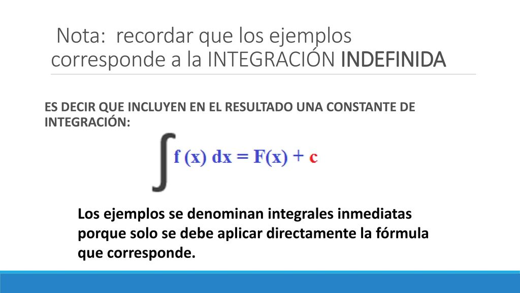 Nota: recordar que los ejemplos corresponde a la INTEGRACIÓN INDEFINIDA