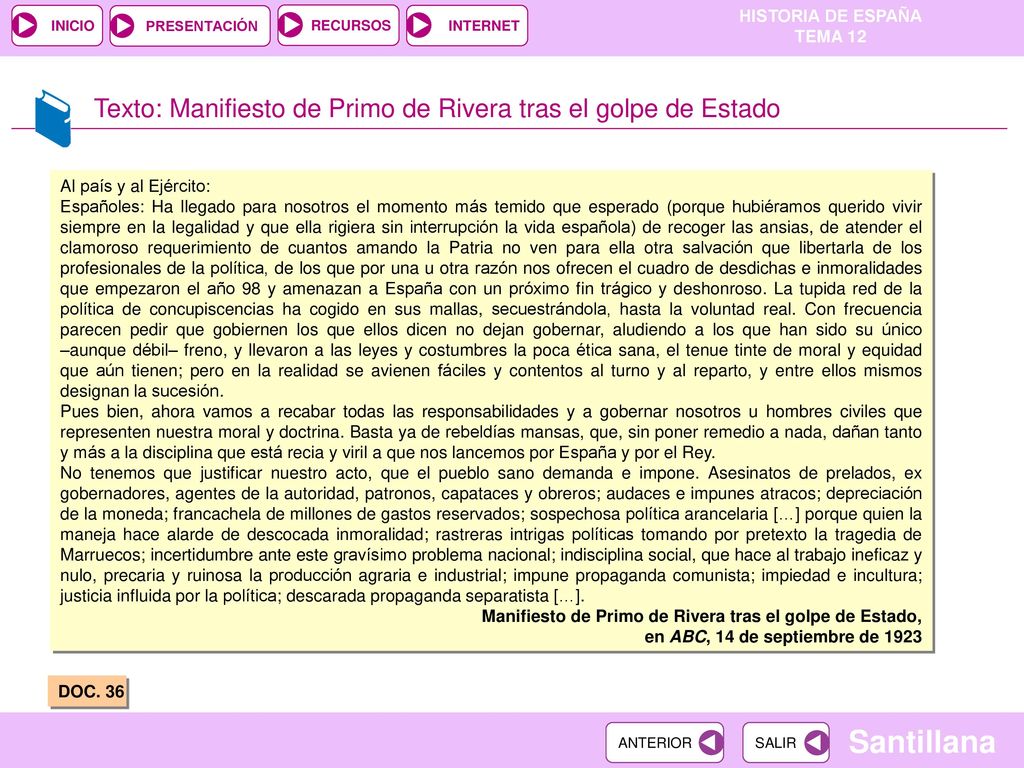 Texto: Manifiesto de Primo de Rivera tras el golpe de Estado