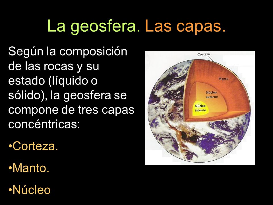 La geosfera. Las capas. Según la composición de las rocas y su estado (líquido o sólido), la geosfera se compone de tres capas concéntricas: