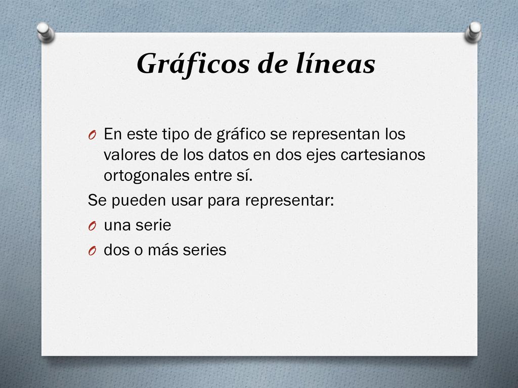 Gráficos de líneas En este tipo de gráfico se representan los valores de los datos en dos ejes cartesianos ortogonales entre sí.
