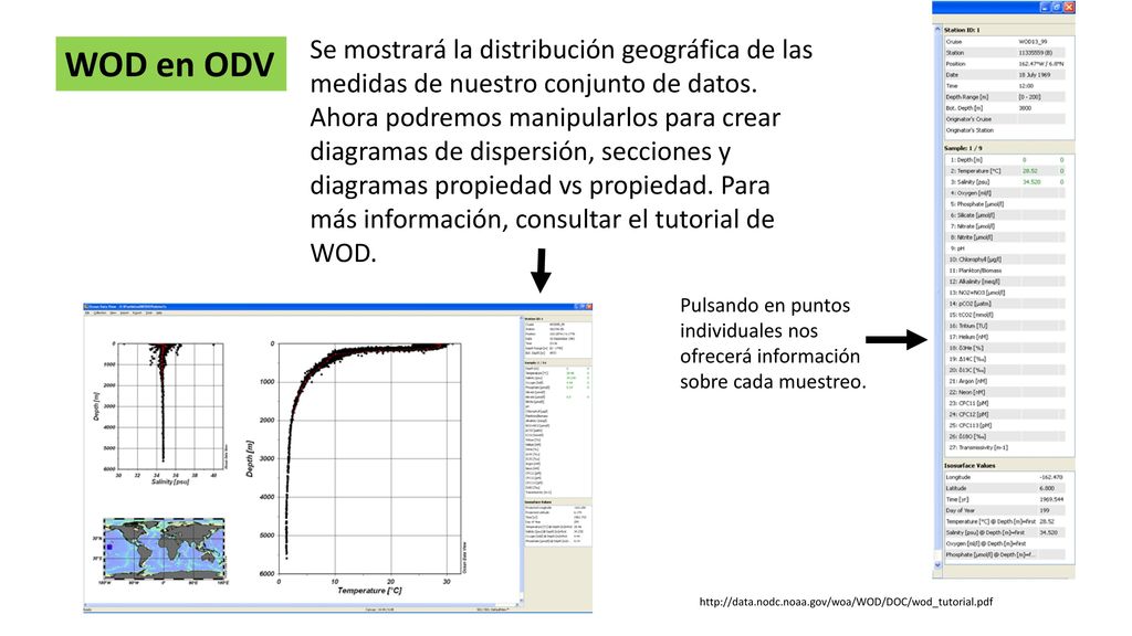 Se mostrará la distribución geográfica de las medidas de nuestro conjunto de datos. Ahora podremos manipularlos para crear diagramas de dispersión, secciones y diagramas propiedad vs propiedad. Para más información, consultar el tutorial de WOD.
