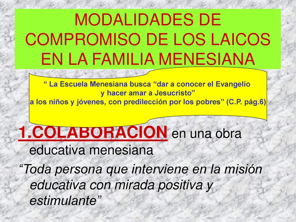 MODALIDADES DE COMPROMISO DE LOS LAICOS EN LA FAMILIA MENESIANA