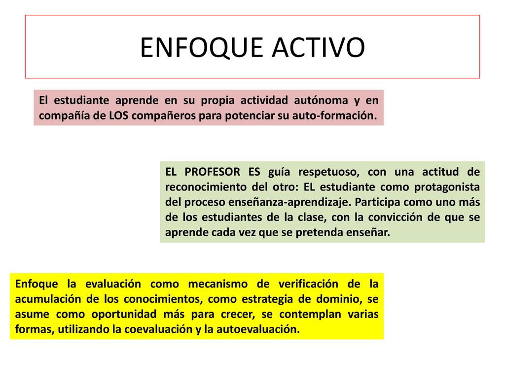 ENFOQUE ACTIVO El estudiante aprende en su propia actividad autónoma y en compañía de LOS compañeros para potenciar su auto-formación.