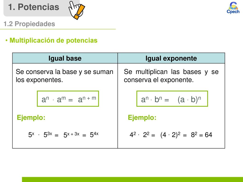 1. Potencias an + m an ∙ am = (a ∙ b)n an ∙ bn = 1.2 Propiedades