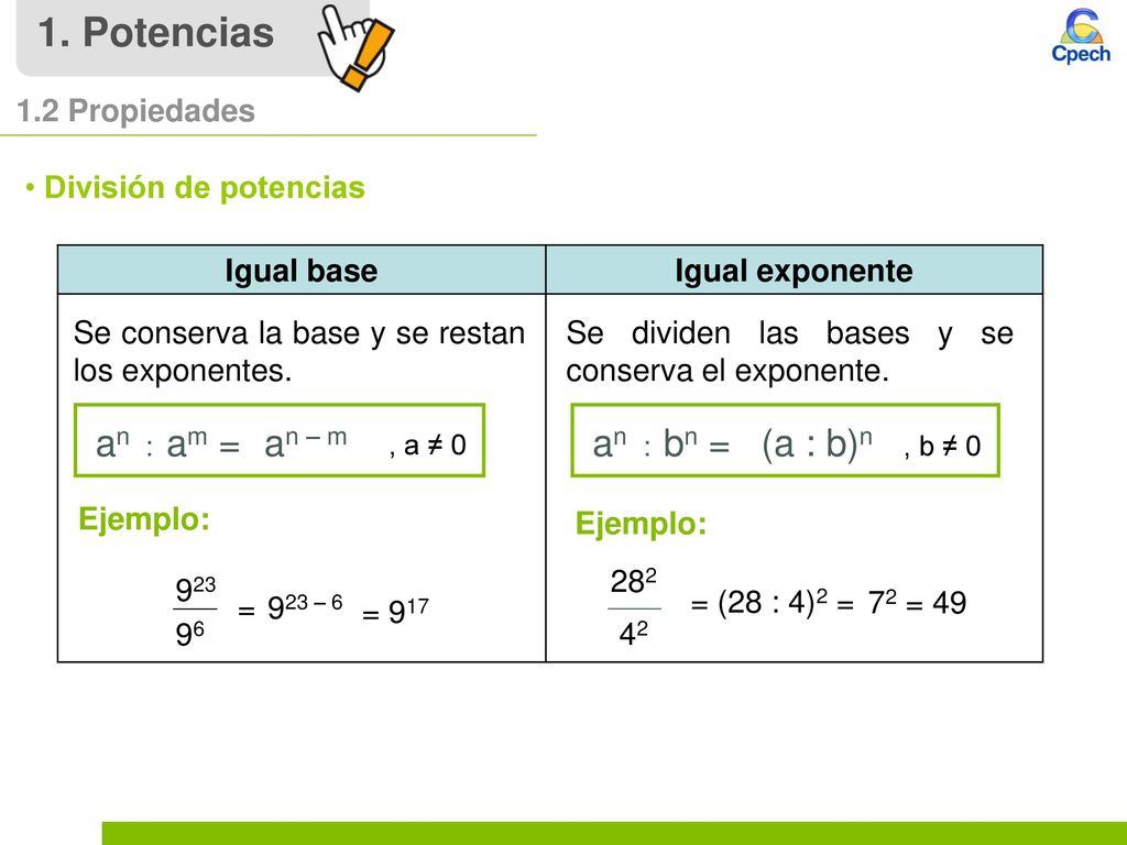 1. Potencias an – m an : am = (a : b)n an : bn = 1.2 Propiedades