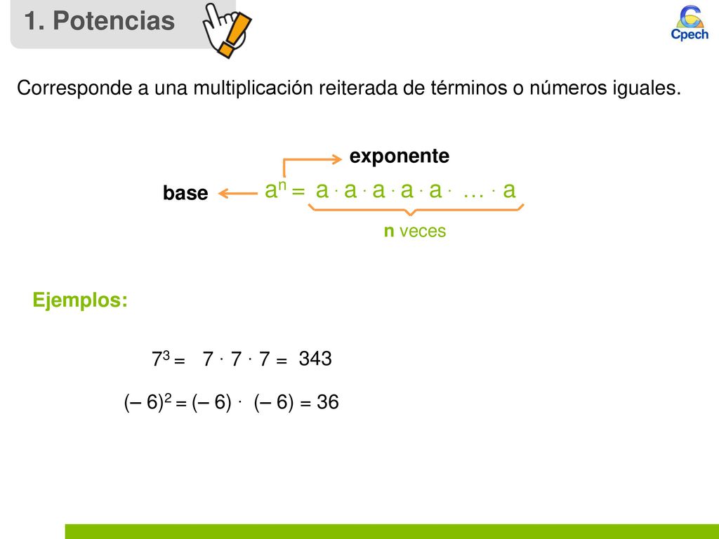 1. Potencias Corresponde a una multiplicación reiterada de términos o números iguales. exponente. an =