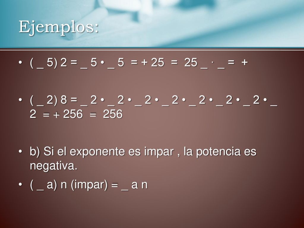 Ejemplos: ( _ 5) 2 = _ 5 • _ 5 = + 25 = 25 _ · _ = +