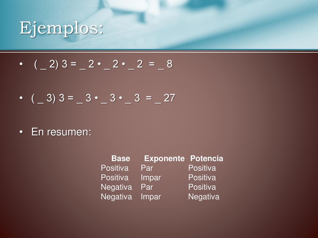 Ejemplos: ( _ 2) 3 = _ 2 • _ 2 • _ 2 = _ 8